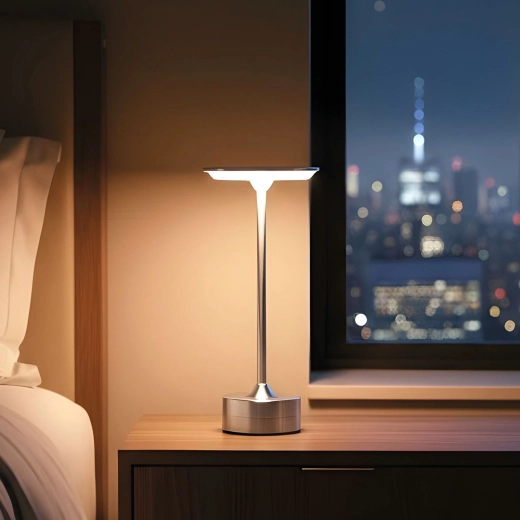 Stříbrná nabíjecí stolní lampa s nastavitelnou barvou světla