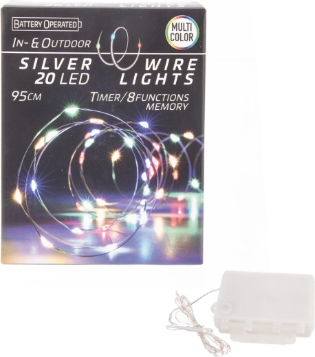 Led světelný řetěz na drátku s časovačem, 20 led, barevný, in/out