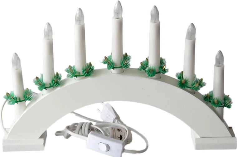 Vánoční elektrický svícen s 7 svíčkami v bílém dřevěném oblouku