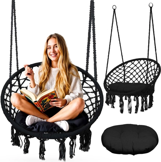 Závěsné křeslo boho černé s polštářem