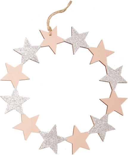 Závěsný dřevěný věnec s hvězdami růžový 23 cm