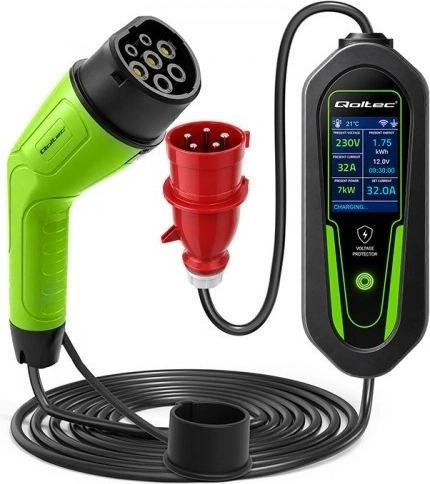 Přenosná nabíječka pro elektromobily a hybridy Qoltec Type 2, 7 kW, 230 V, CEE 32 A, Wi‑Fi