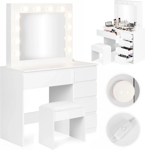 ModernHome kosmetický toaletní stolek se zrcadlem a LED osvětlením, 5 zásuvek a taburet