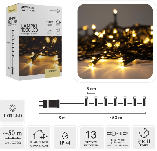 LED světelný řetěz 1000 diod teplá bílá 50 m