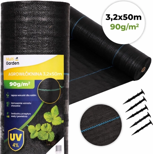 UV odolná agrotextilie proti plevelu 90 g/m² 3,2 × 50 m se sponkami, MultiGarden
