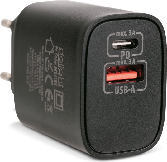Síťový adaptér USB-A a USB-C PD 20 W s rychlým nabíjením černý