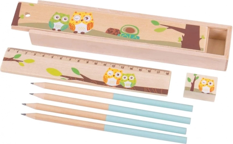 Dřevěný penál se sovičkami Bigjigs Toys – modrý