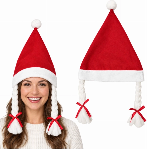 Vánoční čepice paní Santa s copánky - 1 kus