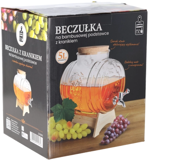 Beczułka skleněný dispenzer na nápoje Winogrono 5 l s bambusovým stojanem