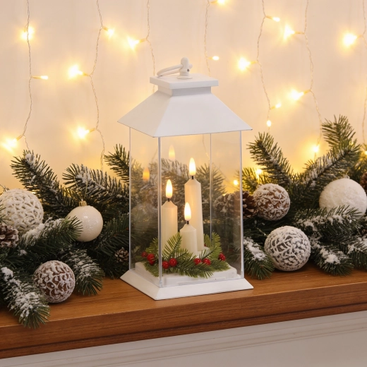Bílá LED lucerna se třemi svíčkami a časovačem 14 × 14 × 27 cm