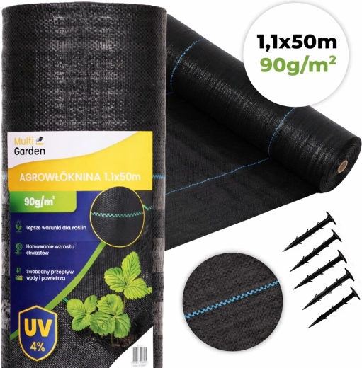 UV odolná protiplevelná textilie 90 g/m², 1,1 × 50 m s kolíky, MultiGarden