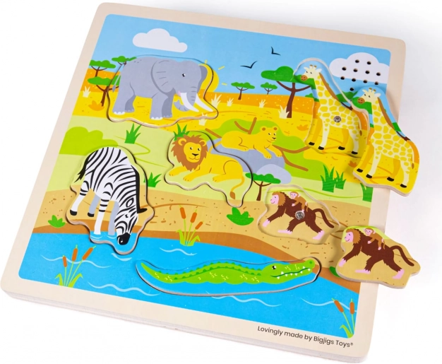 Dřevěná puzzle hra Safari se zvukovými efekty