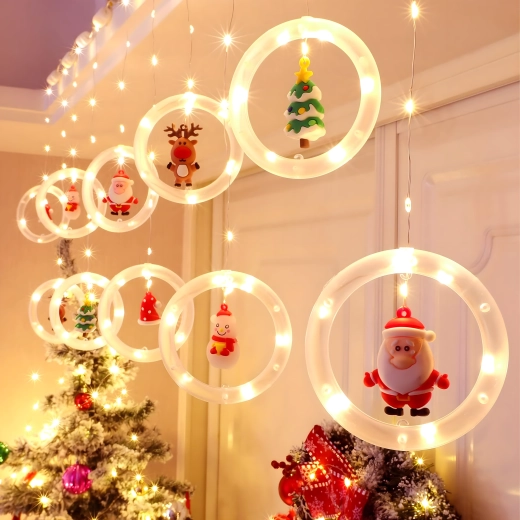 LED světelná záclona s vánočními kroužky a figurkami - 1 kus