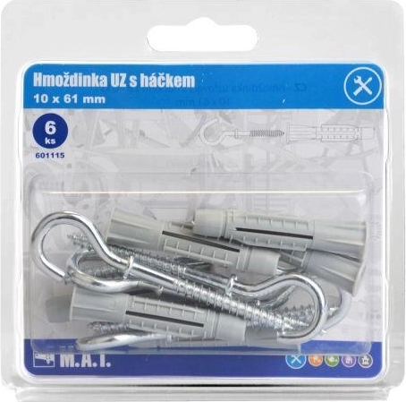Uzlovací hmoždinka s háčkem 10 × 61 mm, bílý zinek, 6 ks