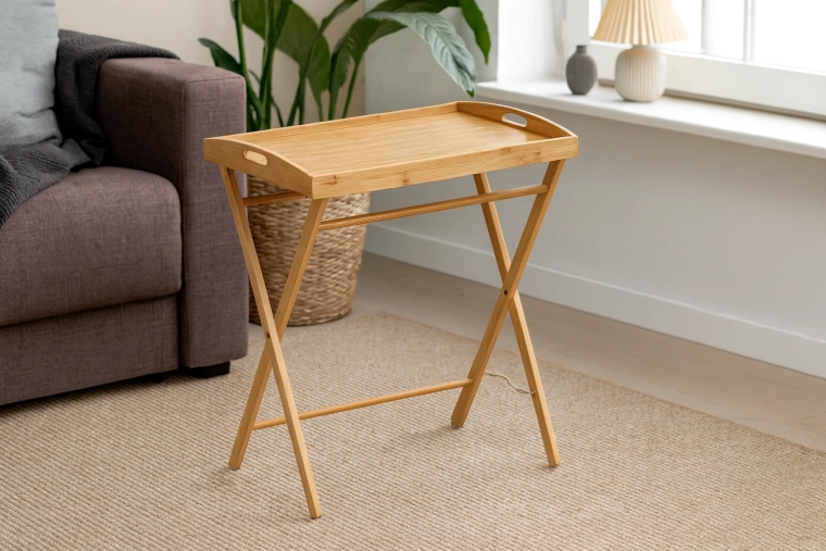 Skládací bambusový servírovací stolek s odnímatelnou tácí 49 × 35 × 59 cm