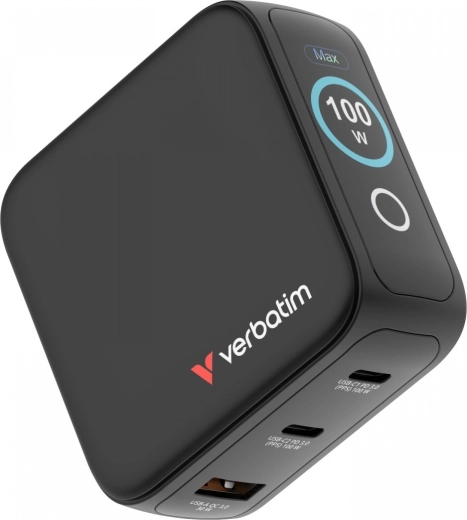 Verbatim mini GaN nabíječka 100 W s chytrým TFT displejem, 2× USB-C + USB-A, adaptéry EU/UK/USA