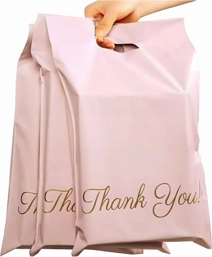 Růžové kurýrní obálky s uchem a potiskem THANK YOU 400 × 500 + 70 mm - 50 ks