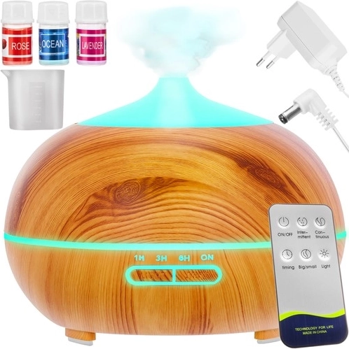 Aroma difuzér a ultrazvukový zvlhčovač 400 ml s ionizací a LED, dálkové ovládání + 3 oleje