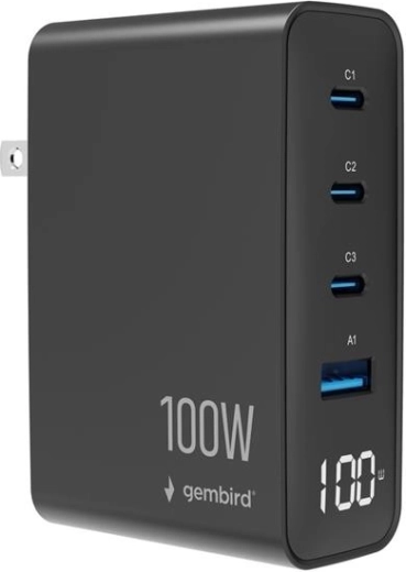 Gembird univerzální GaN nabíječka 100 W s LCD, 3× USB-C a 1× USB-A, černá