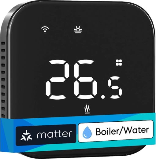 Chytrý Wi‑Fi termostat Meross pro vodní vytápění s Matter, černý