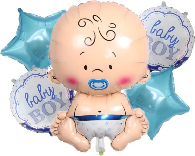 Balonky na baby shower pro chlapečka – sada 5 ks s motivem miminka a hvězdiček