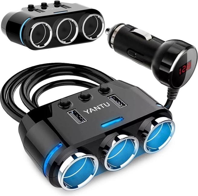 Rozdělovač do auta se 3 zásuvkami zapalovače a 2 USB, voltmetr