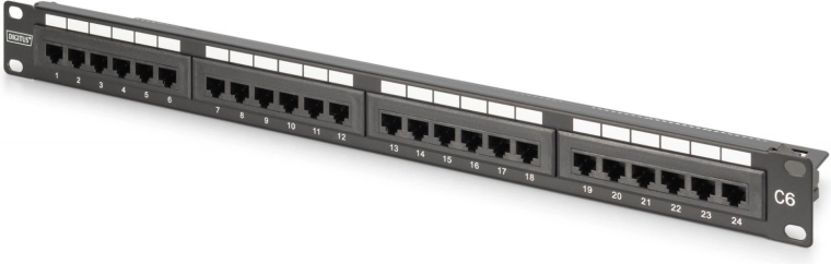 Patch panel 19" 24× RJ45 Cat 6, nezkrytovaný, 1U, LSA, vedení kabelů, popisová pole, černý