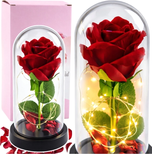 Věčná červená růže ve skleněné kopuli s LED osvětlením 21 cm