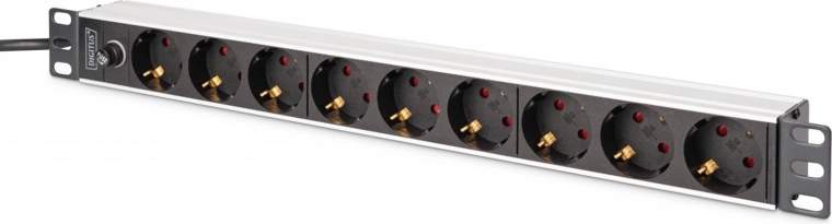 PDU rozvodná lišta do racku 19" s pojistkou, 9x Schuko (45°), kabel 2 m s IEC C14, 10 A, hliníková