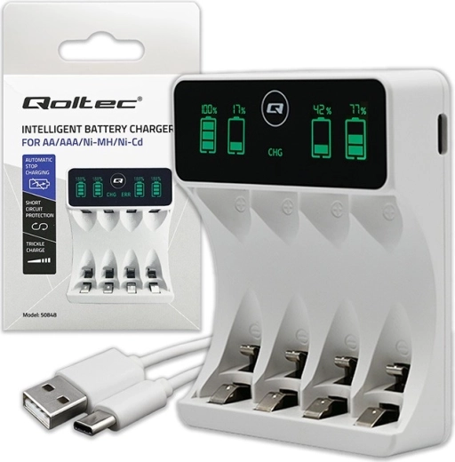 Nabíječka pro akumulátory Ni‑MH AA/AAA s LCD a kabelem USB‑C, bílá