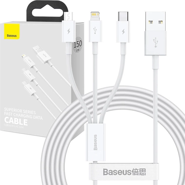 Nabíjecí a datový kabel 3v1 Baseus Superior, USB na Micro USB / USB‑C / Lightning, 3,5 A, 1,5 m, bílý