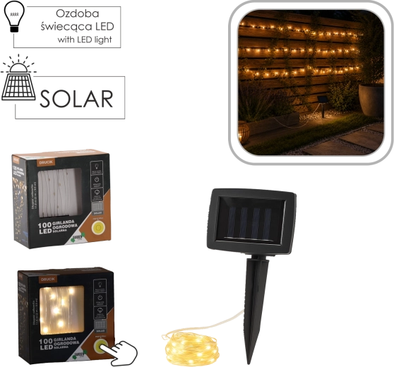 Solární LED světelný řetěz na drátku 100 LED teplá bílá 11,9 m