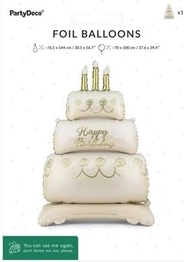 Stojící fóliový balónek ve tvaru dortu Happy Birthday