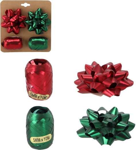 Sada na balení dárků – zelená a červená (2 stuhy + 2 mašle)