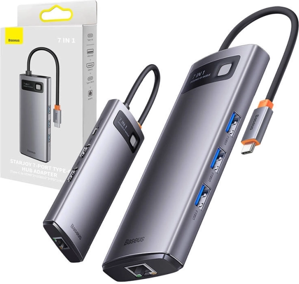 Baseus 7v1 USB‑C hub metal gleam (3× USB 3.0, HDMI, VGA, Ethernet RJ45, PD 100 W)