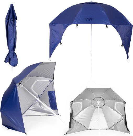 MultiGarden plážový slunečník 2v1 se zástěnami proti větru, nastavitelný 125–200 cm, modrý