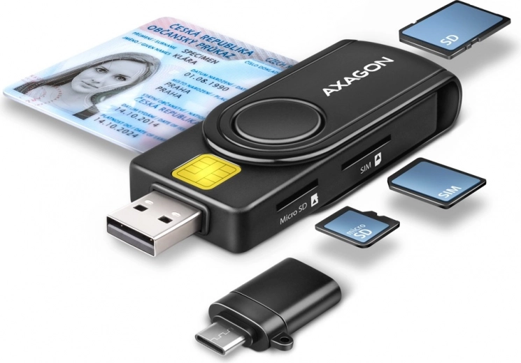 Kapesní Čtečka Karet AXAGON pro ID, SD, microSD a SIM karty s USB