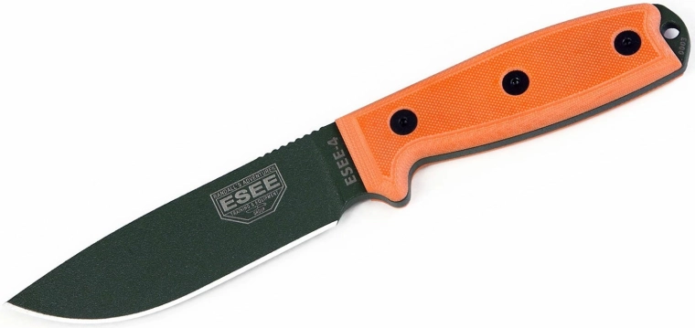 ESEE 4P OD univerzální nůž 11,4 cm, černý povrch, oranžová rukojeť G10, plastové pouzdro