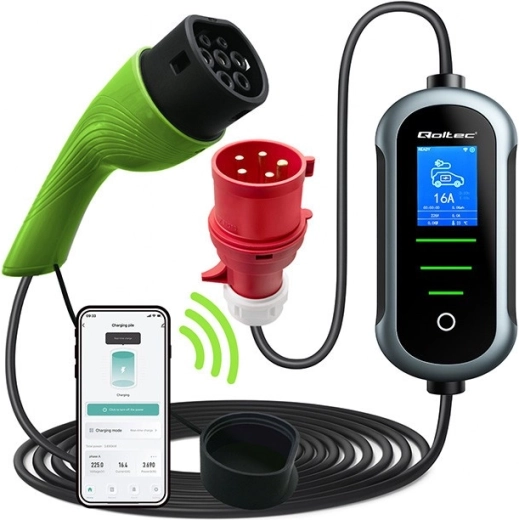 Přenosná Wi‑Fi nabíječka pro elektromobily Typ 2, 22 kW, 400 V, LCD, 7 m – Qoltec