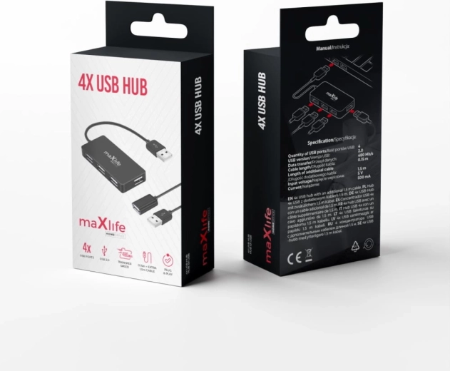 Maxlife home office USB rozbočovač 4× USB 2.0 černý 1,5 m