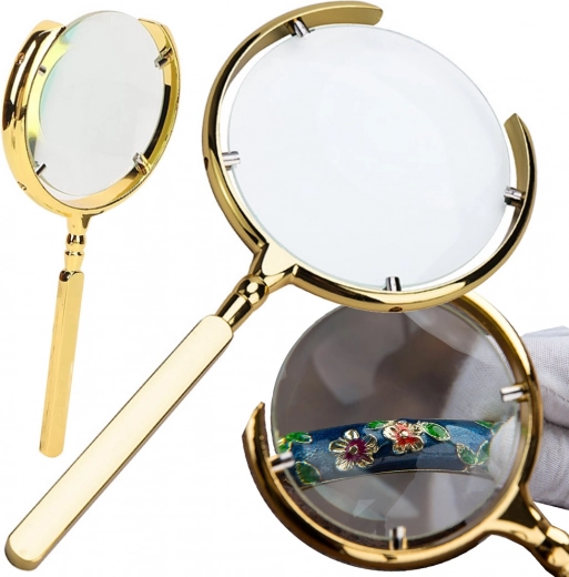 Zlatá ruční lupa 6× s kovovým rámem a skleněnou čočkou