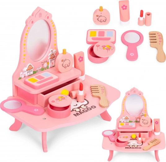 Dřevěný toaletní stolek pro děti s zrcadlem a šuplíkem, 7 doplňků ECOTOYS