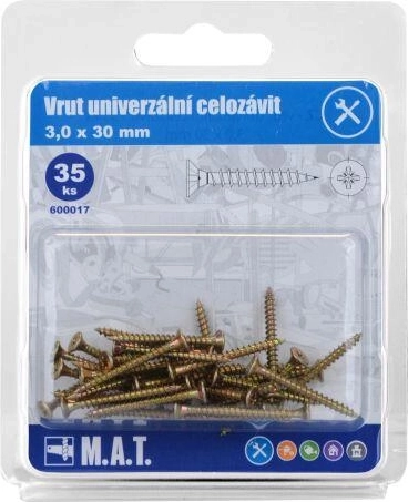 Univerzální vrut celozávit 3,0 × 30 mm, pozink, 35 ks