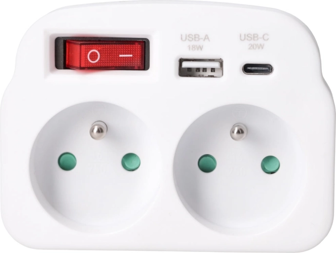 Solight zásuvková rozbočka se 2 zásuvkami, USB-A a USB-C rychlonabíjením 20 W PD, bílá