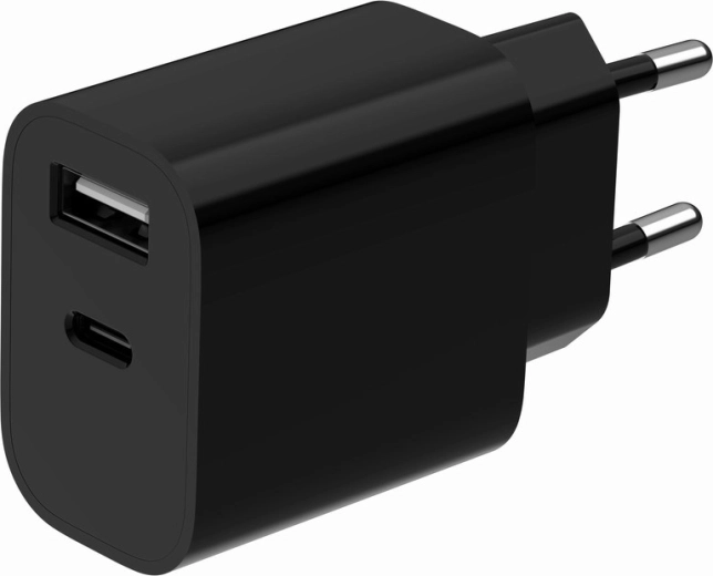 Univerzální síťová nabíječka USB s 2 porty (USB-A + USB-C), 2,4 A, černá