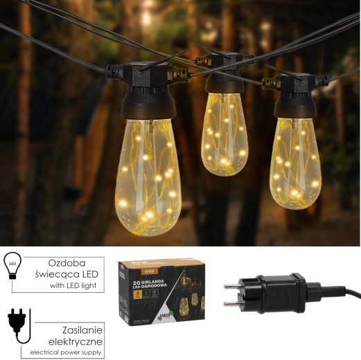 Zahradní LED světelný řetěz 19 m, 20 LED, teplá bílá