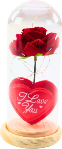 Věčná růže ve skleněné kopuli s LED osvětlením, červená, se srdíčkem