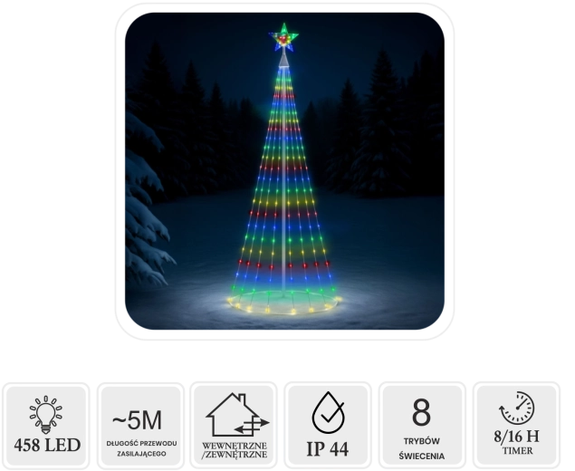 LED kuželový vánoční stromek s hvězdou 3 m, 458 LED, multicolor, pro vnitřní i venkovní použití