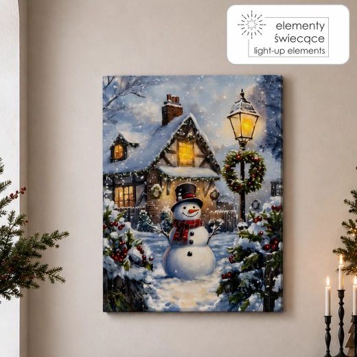 Obraz na plátně s led osvětlením – sněhulák v zimní scenérii 30 × 40 cm - 1 kus