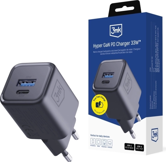3MK Hyper Charger PD 33W GaN síťová nabíječka USB-A a USB-C černá